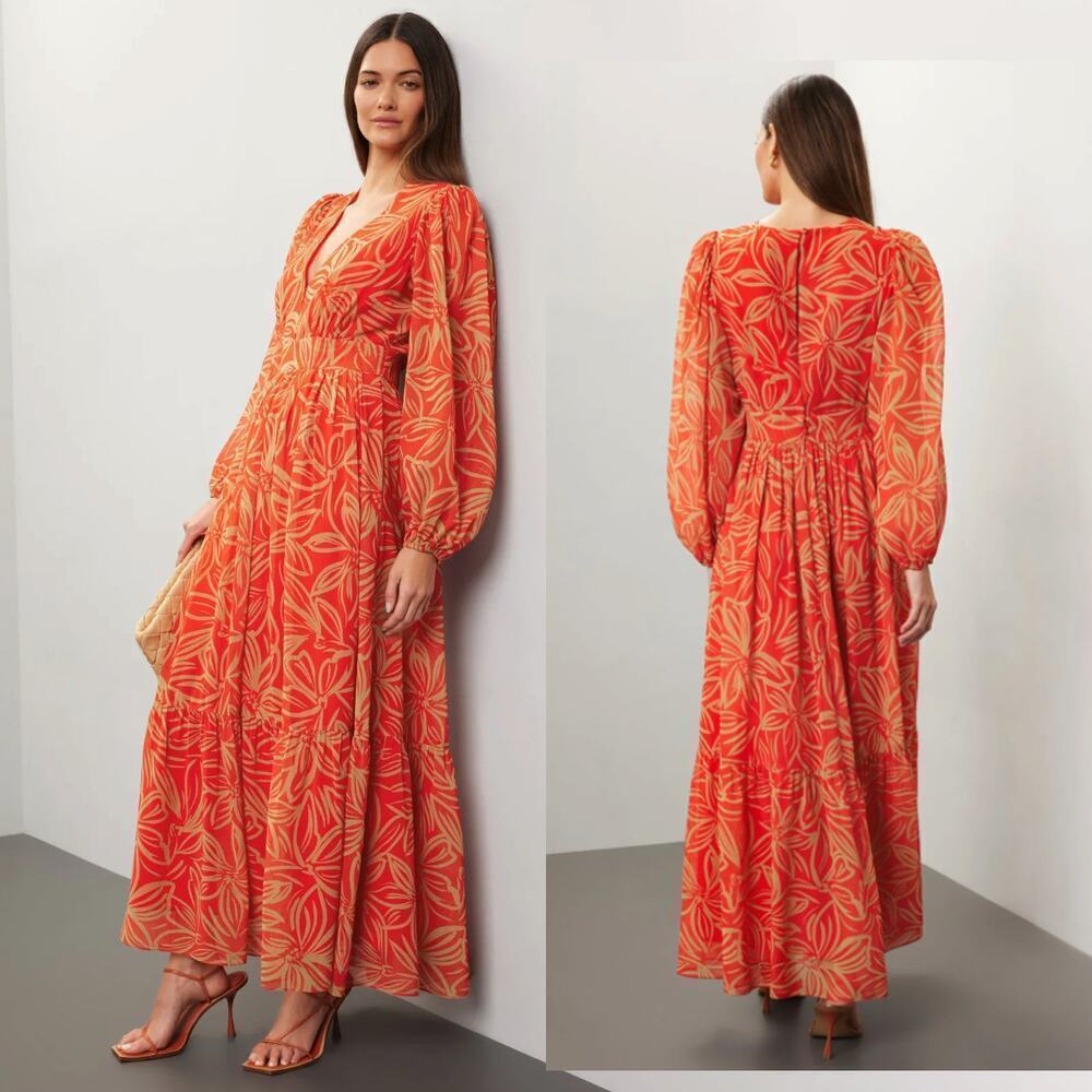 TOCCIN X RTR V-Neck Red and Orange Printed Maxi Dress - Size 12